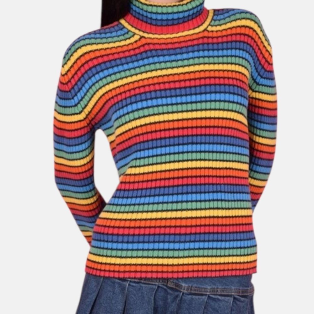 Vintage Tommy Hilfiger Ribbed Turtleneck Sweater Rainbow Stripe Black Size L 🌈